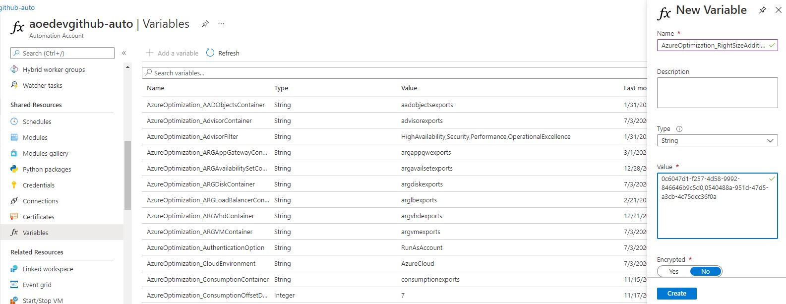 Adding an Automation Account variable with a list of additional workspace IDs for the VM right-size recommendations