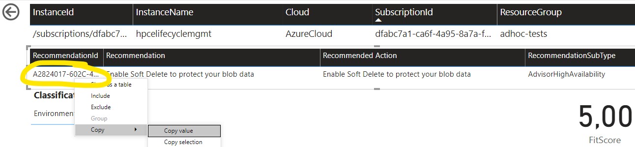 Copying the Recommendation Id value from the Recommendation Details page in the Power BI report