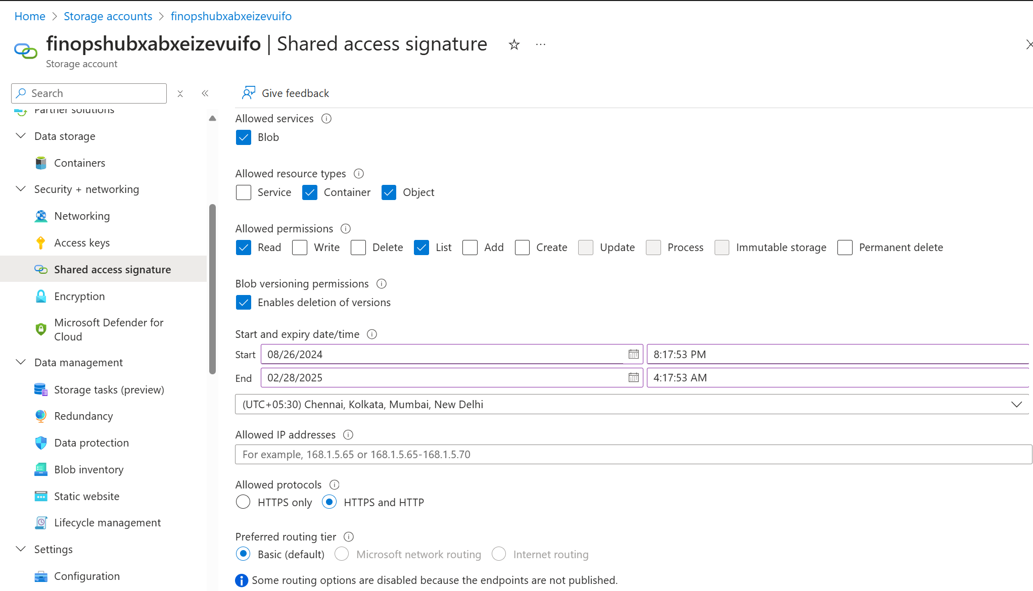 Screenshot of the SAS token configuration in the Azure portal