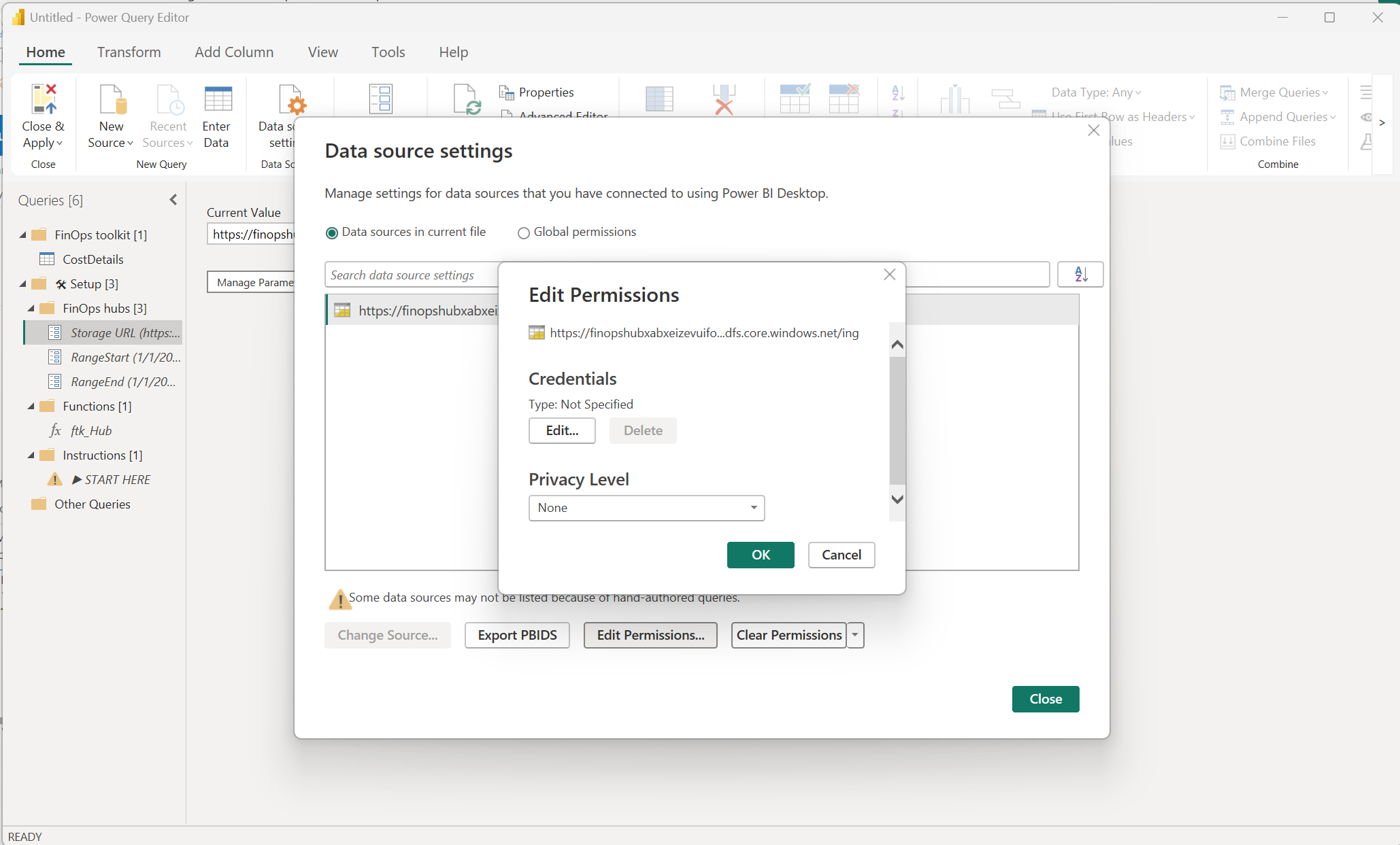 Screenshot of the data source settings within Transform data