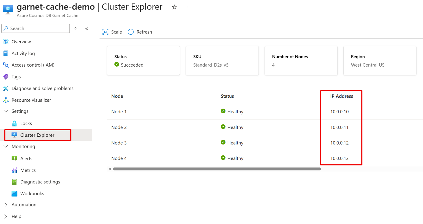 Find Azure Cosmos DB Garnet Cache node IP addresses