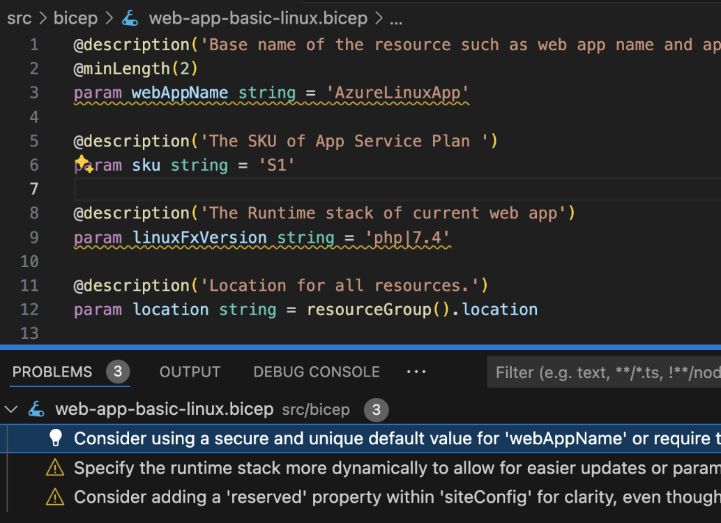 Screenshot of a code editor displaying a Bicep file with parameters for an Azure web app. The parameters include webAppName, sku, linuxFxVersion, and location. There are warnings at the bottom suggesting to use a secure and unique default value for 'webAppName', specify the runtime stack more dynamically, and consider adding a 'reserved' property within 'siteConfig'.
