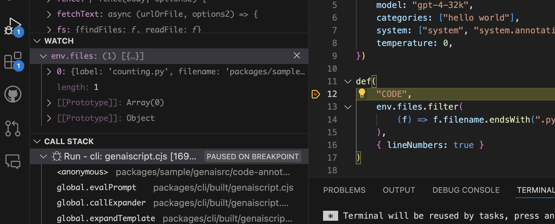 A screenshot of a debugging session in a code editor with a breakpoint set on a line of code. The editor is displaying several panels including the watch variables, call stack, and a terminal output. The code is partially visible with a function definition and JSON configuration data.
