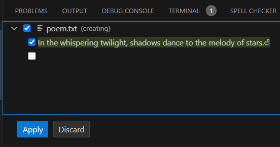 A screenshot of a text editor interface showing a file named "poem.txt" being created. The text "In the whispering twilight, shadows dance to the melody of stars." is highlighted. There are options to apply or discard changes.
