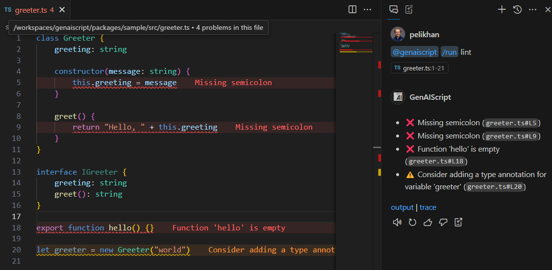 Screenshot of a TypeScript file in a code editor showing a class named "Greeter" with a constructor and a method. The editor highlights four problems: missing semicolons on lines 5 and 9, an empty function on line 18, and a suggestion to add a type annotation on line 20. The right panel displays these issues with red and yellow icons.
