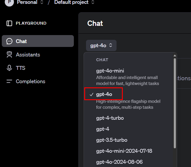 Screenshot of a user interface with a sidebar on the left and a dropdown menu titled 'Chat' with various options for AI models. The 'gpt-4o' option is highlighted and selected with a checkmark, described as 'High-intelligence flagship model for complex, multi-step tasks'.
