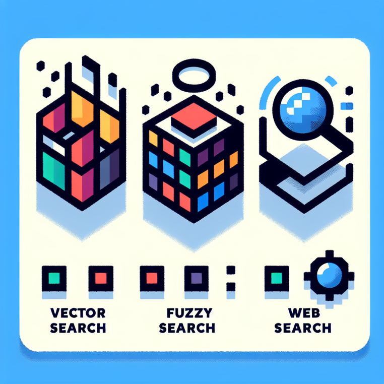 A minimalist 8-bit illustration features three evenly spaced icons: the first is a grid made of colored squares representing vector search; the second is a magnifying glass above horizontal rectangles symbolizing fuzzy search; the third is a globe next to a browser window indicating web search. Only five flat colors are used, set against a plain white background with clear separation and symmetry, all in a clean 128x128 layout.