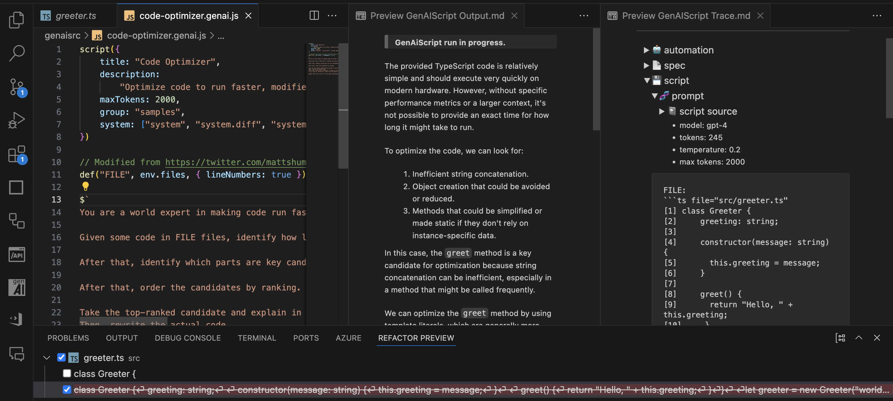 A screenshot of VSCode with a genaiscript opened