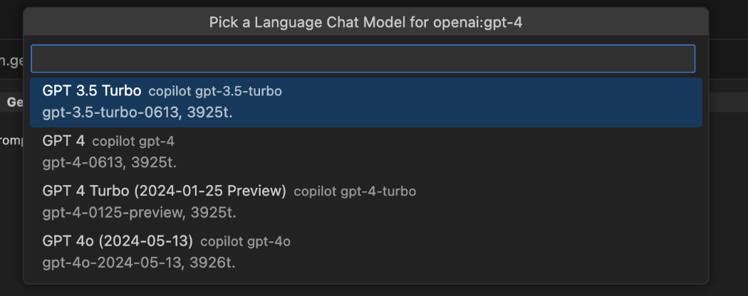 A dropdown menu titled 'Pick a Language Chat Model for openai:gpt-4' with several options including 'GPT 3.5 Turbo', 'GPT 4', 'GPT 4 Turbo (2024-01-25 Preview)', and 'GPT 4o (2024-05-13)', with 'GPT 3.5 Turbo' currently highlighted.
