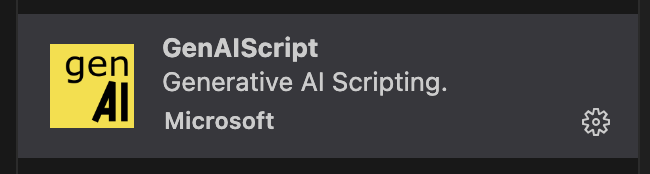 Visual Studio Code Marketplace listing for 'GenAIScript' extension by Microsoft, featuring a logo with 'gen AI' in yellow on a black background, followed by the text 'GenAIScript Generative AI Scripting.' with a settings gear icon to the right.
