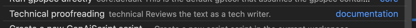 A screenshot of a text editor showing a task labeled "Technical proofreading" with the description "Reviews the text as a tech writer." A hyperlink labeled "documentation" is on the right.