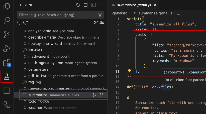 Visual Studio Test Explorer opened with a few genaiscript tests.