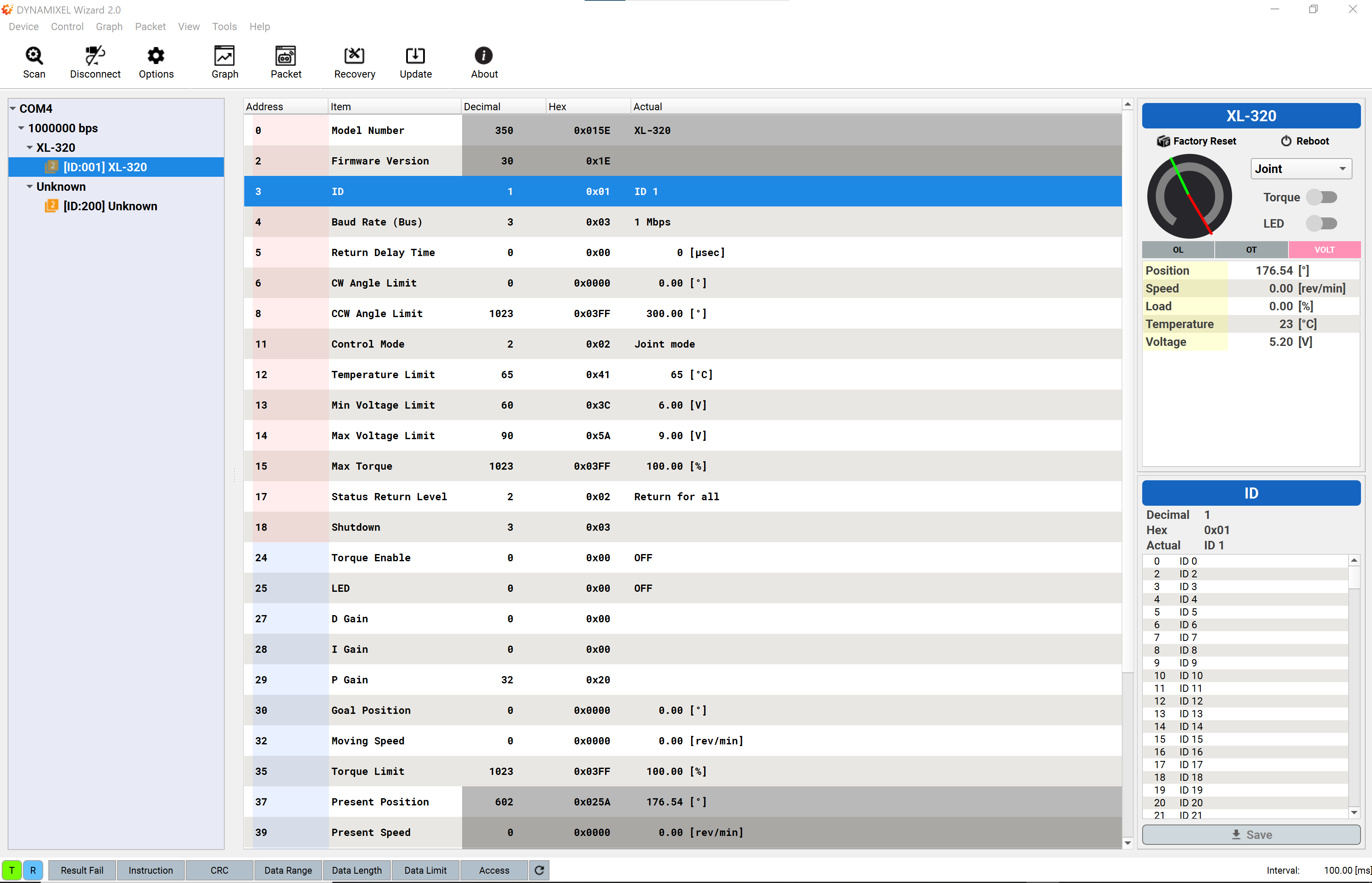 DynamixelWizard2 TopMenu Select Servo ID Row 3