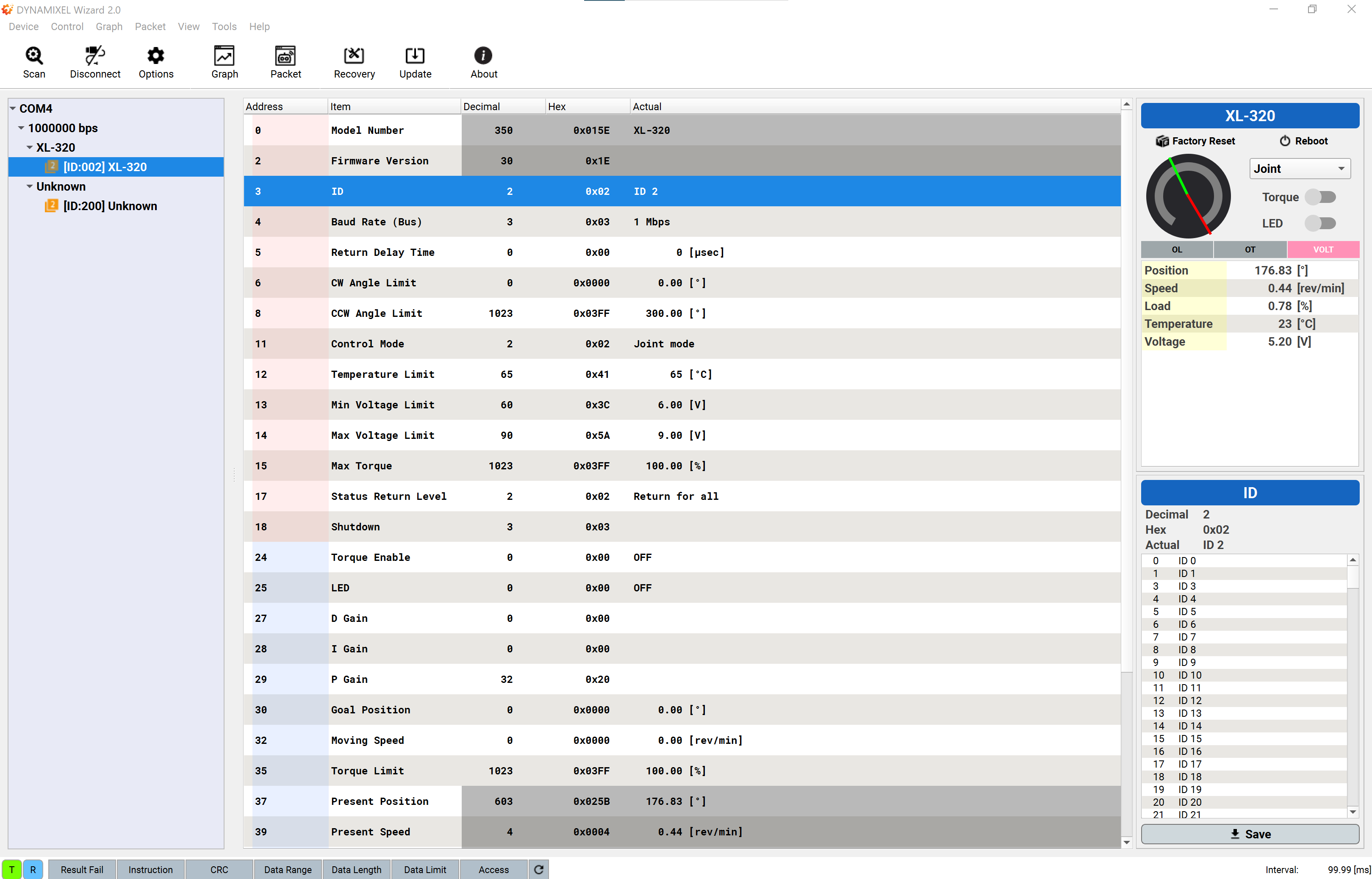 DynamixelWizard2 TopMenu Servo Programmed ID2