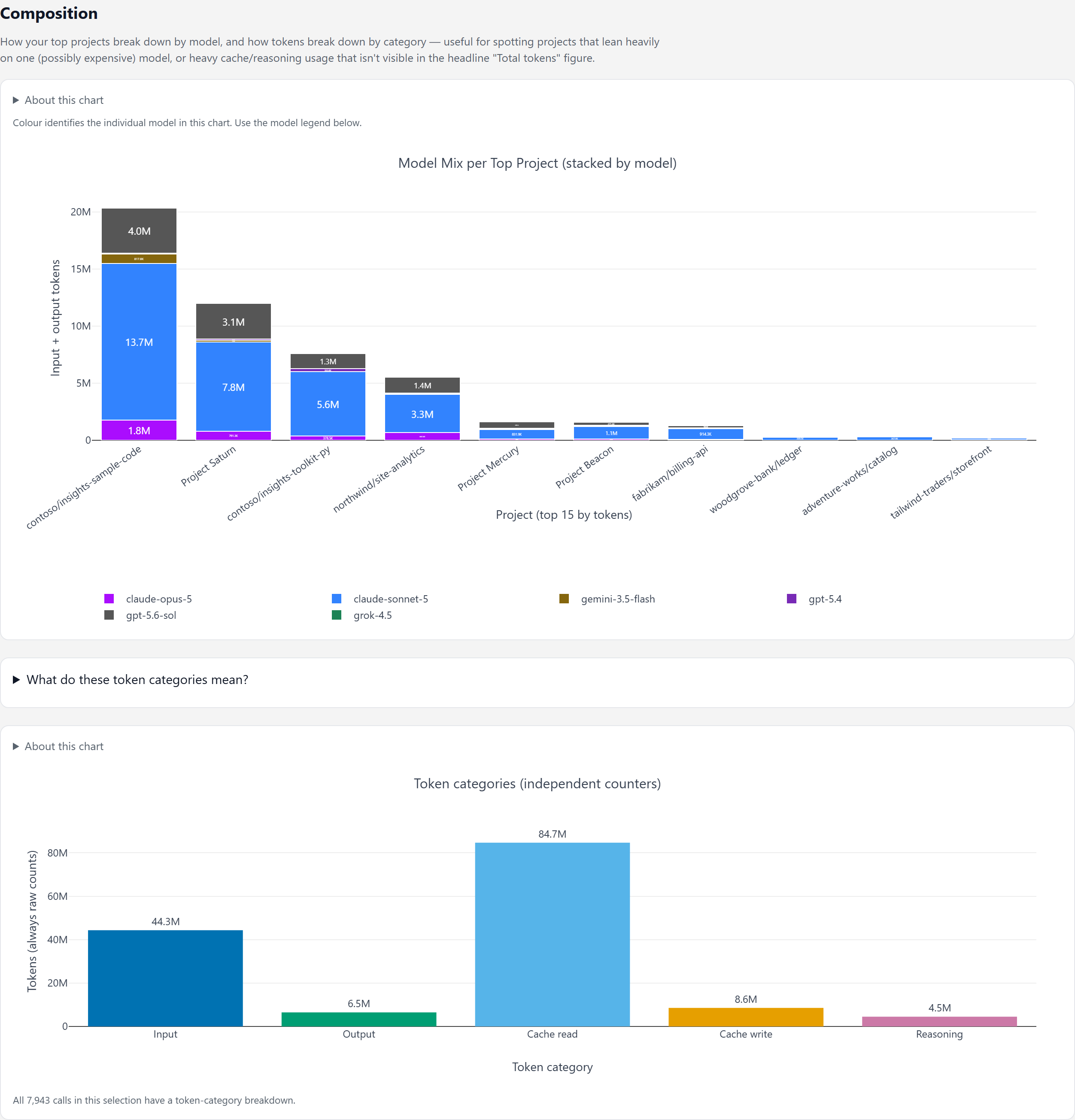 Composition section showing model mix per project, a token category explainer, and a token composition bar chart