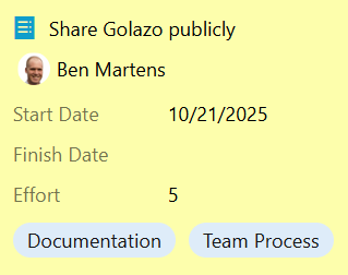 Sample ticket showing title, shepherd, start date, finish date, effort, tags, and color
