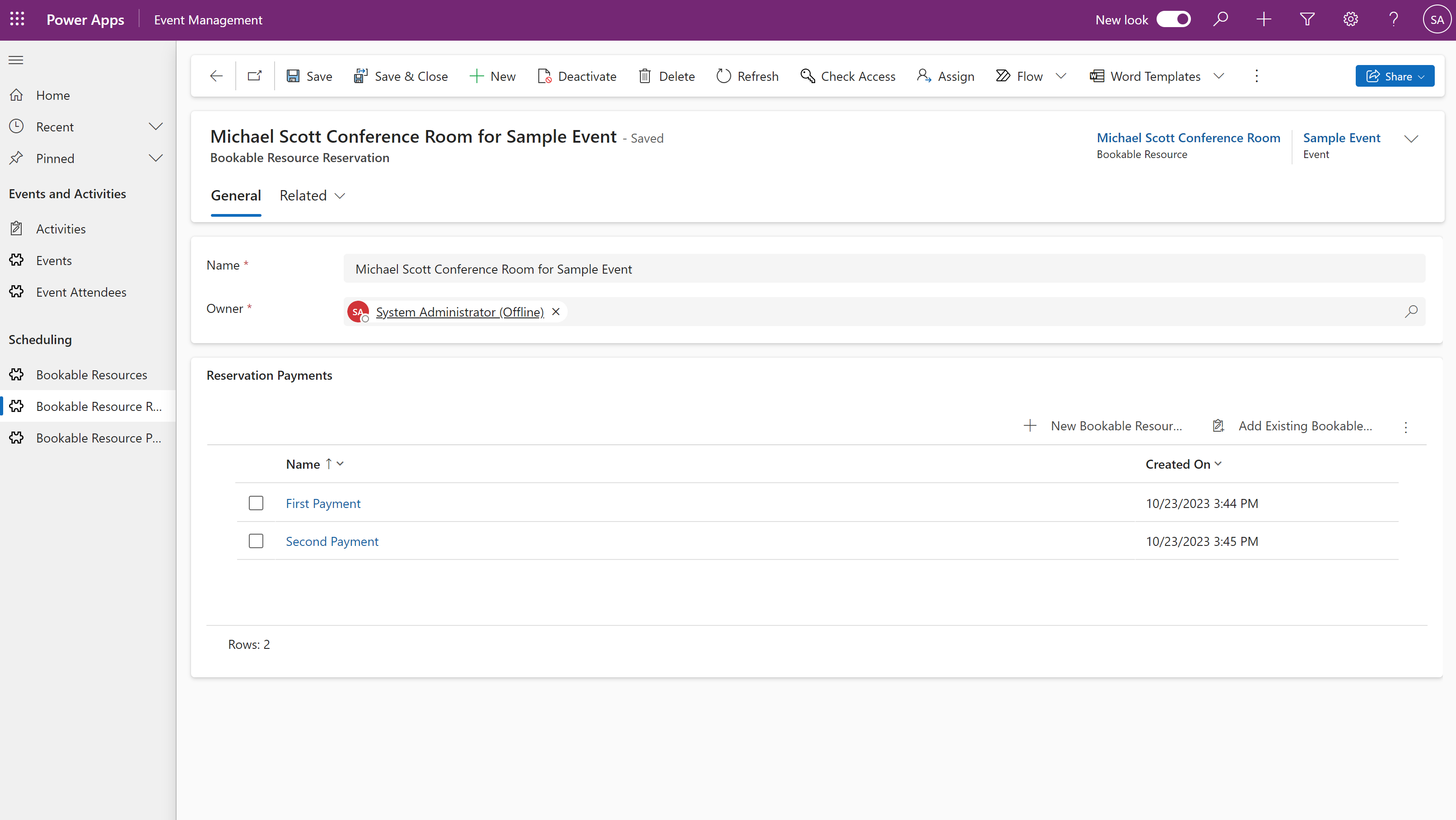 Bookable resource reservation screenshot