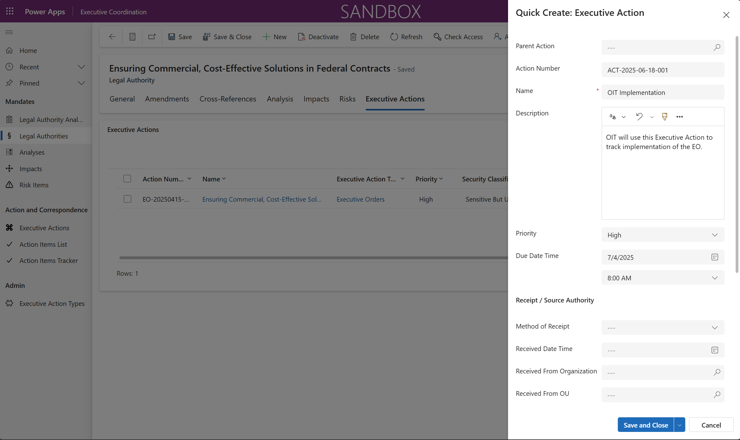Executive actions screenshot