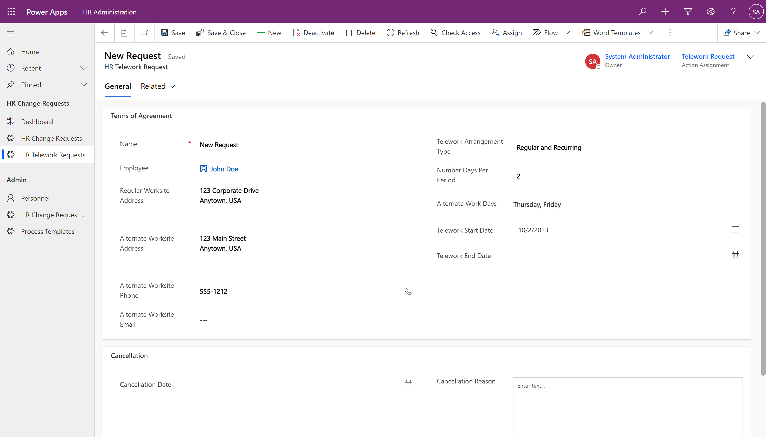 Telework request screenshot