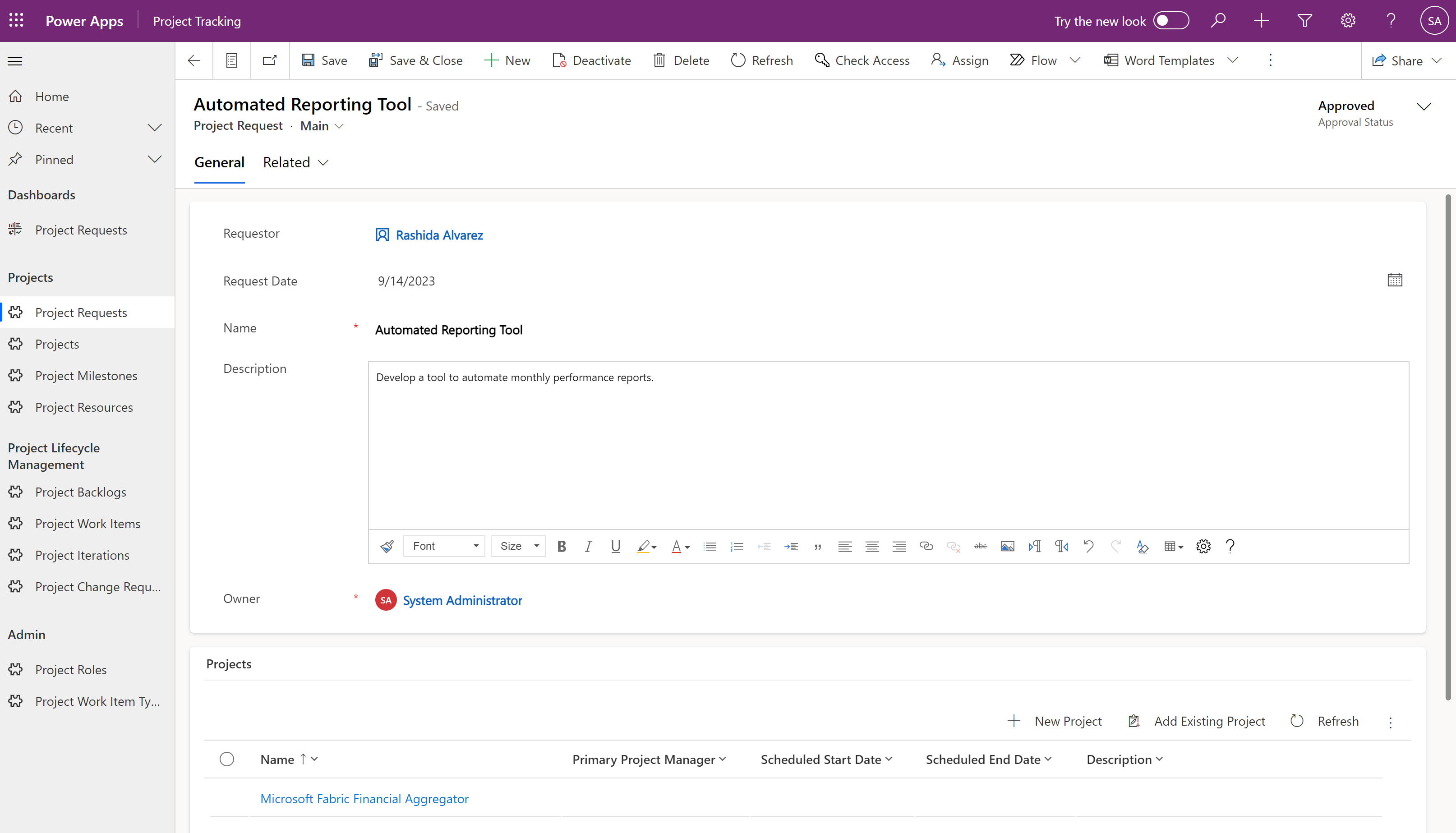 Project request form screenshot