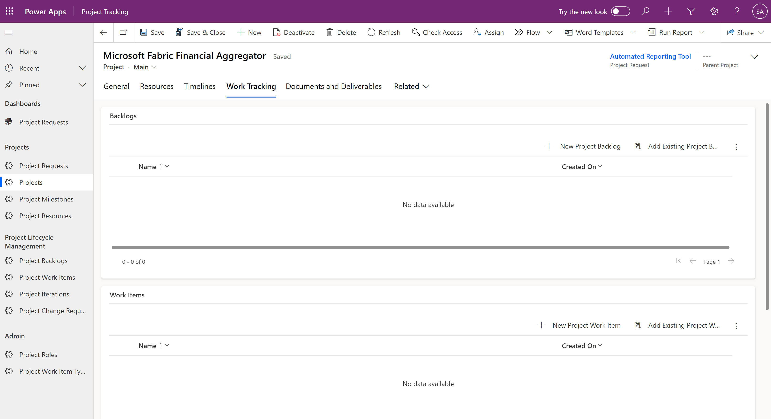 Project backlogs screenshot