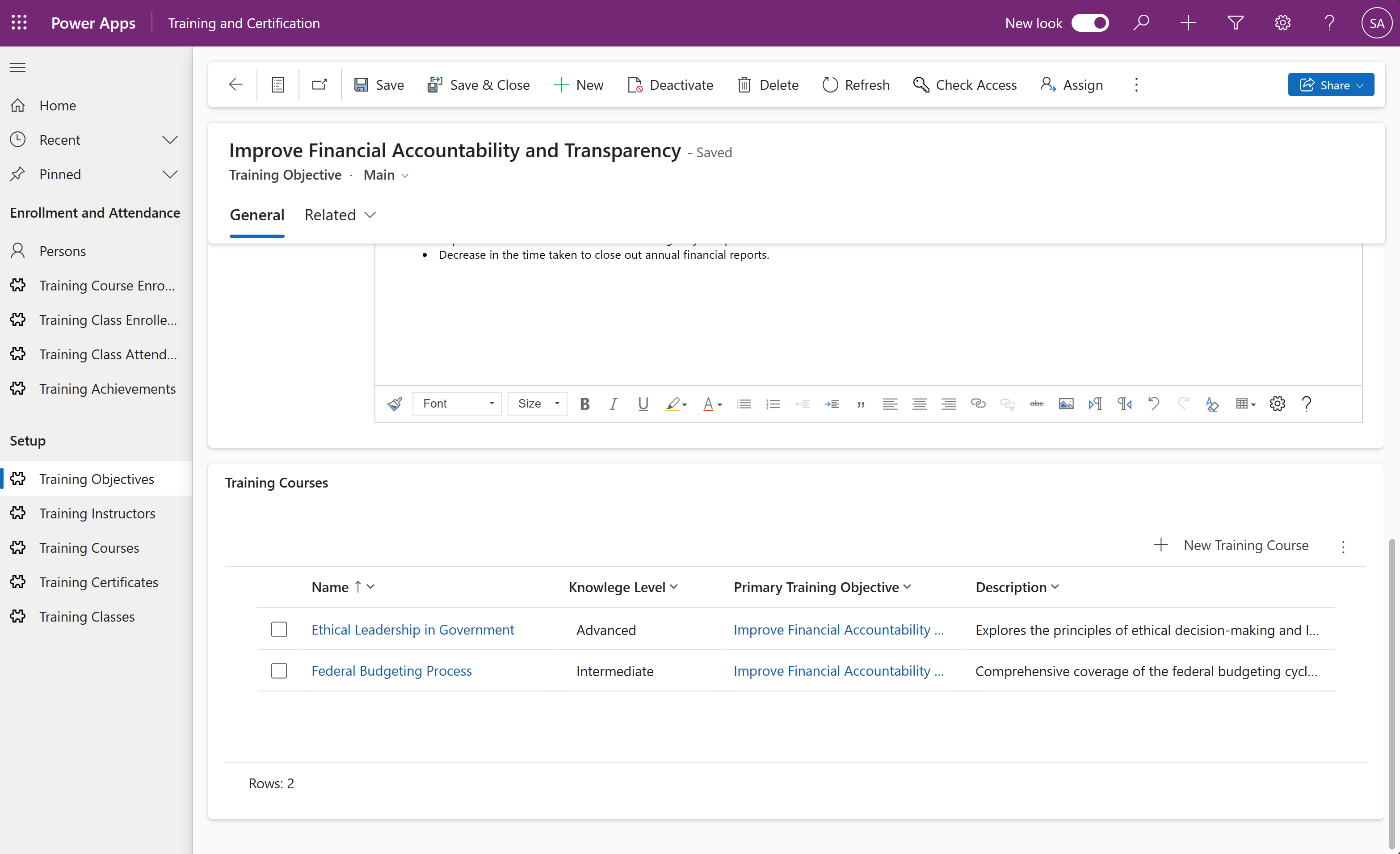 Associate courses screenshot