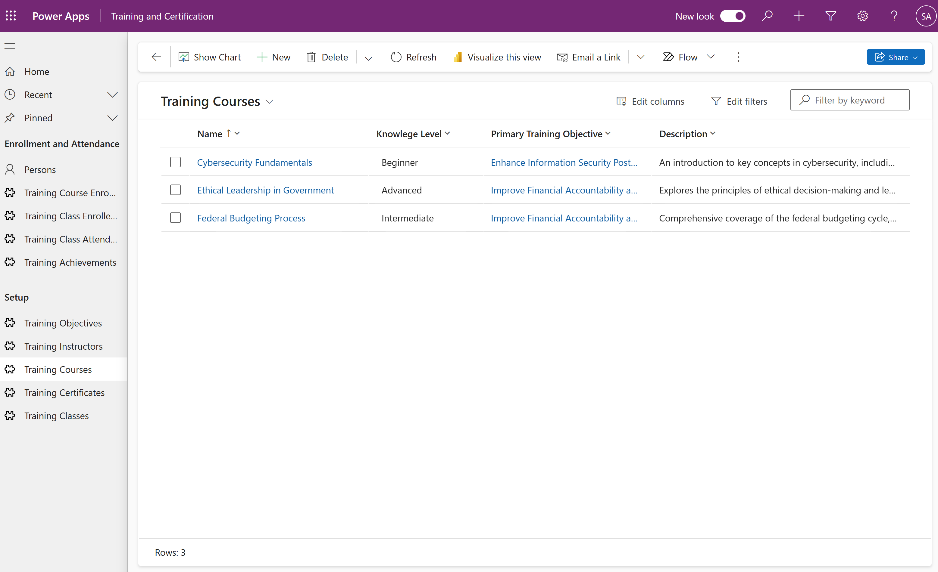 Training courses screenshot