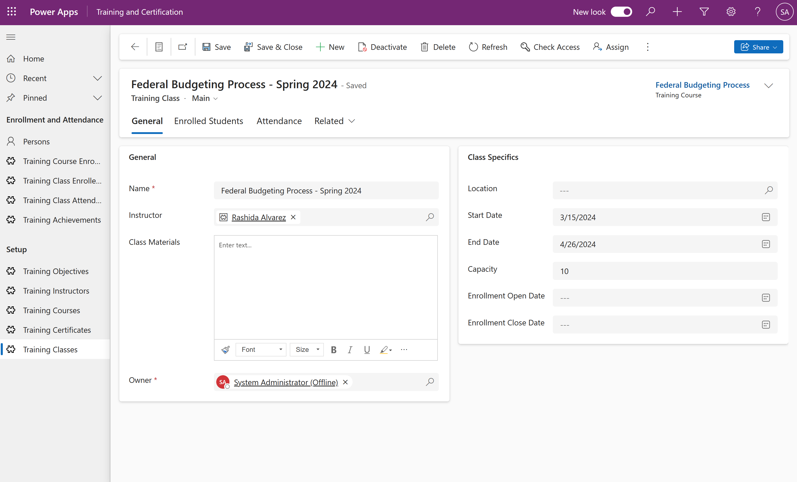 Class info screenshot
