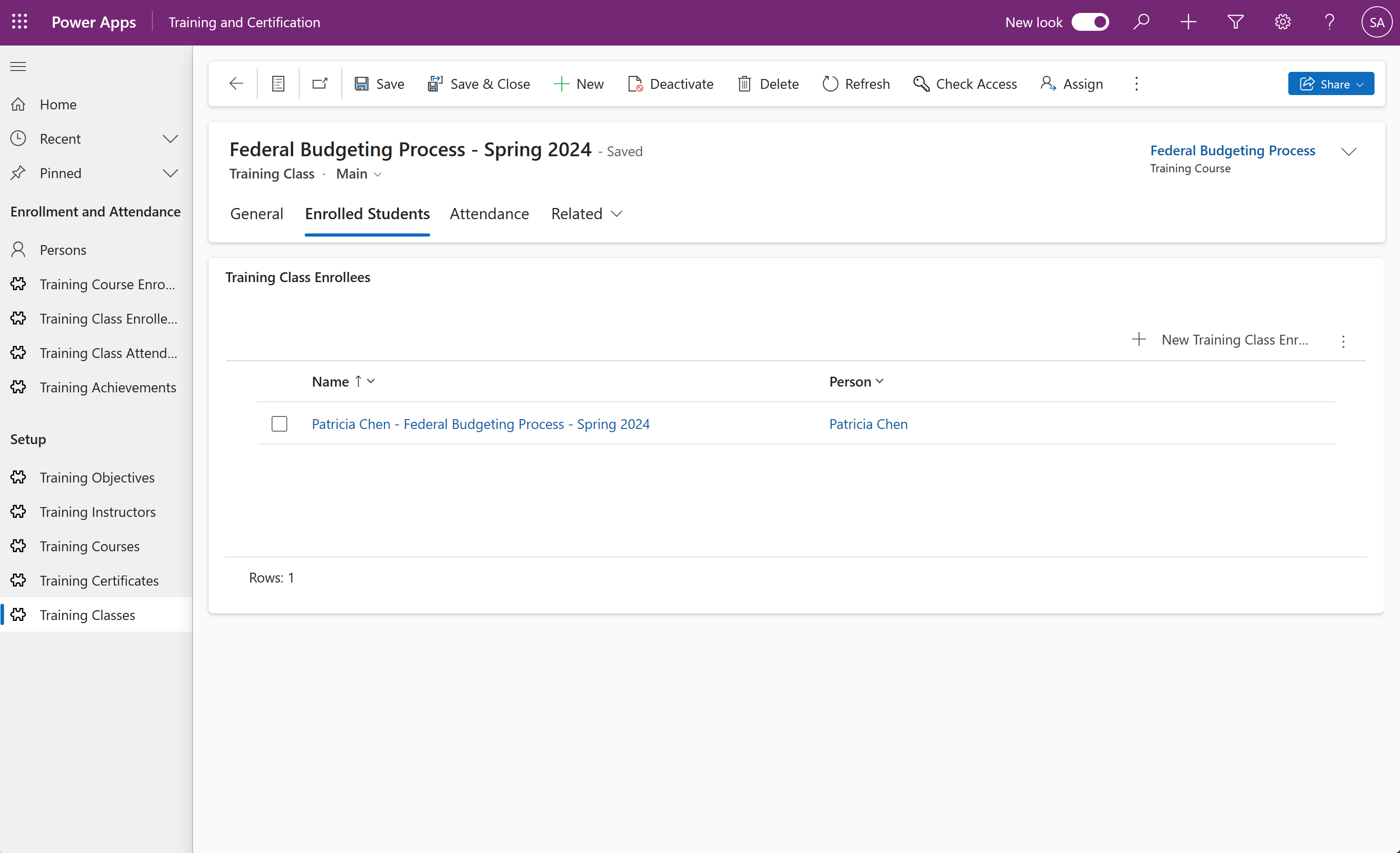Class enrollees screenshot