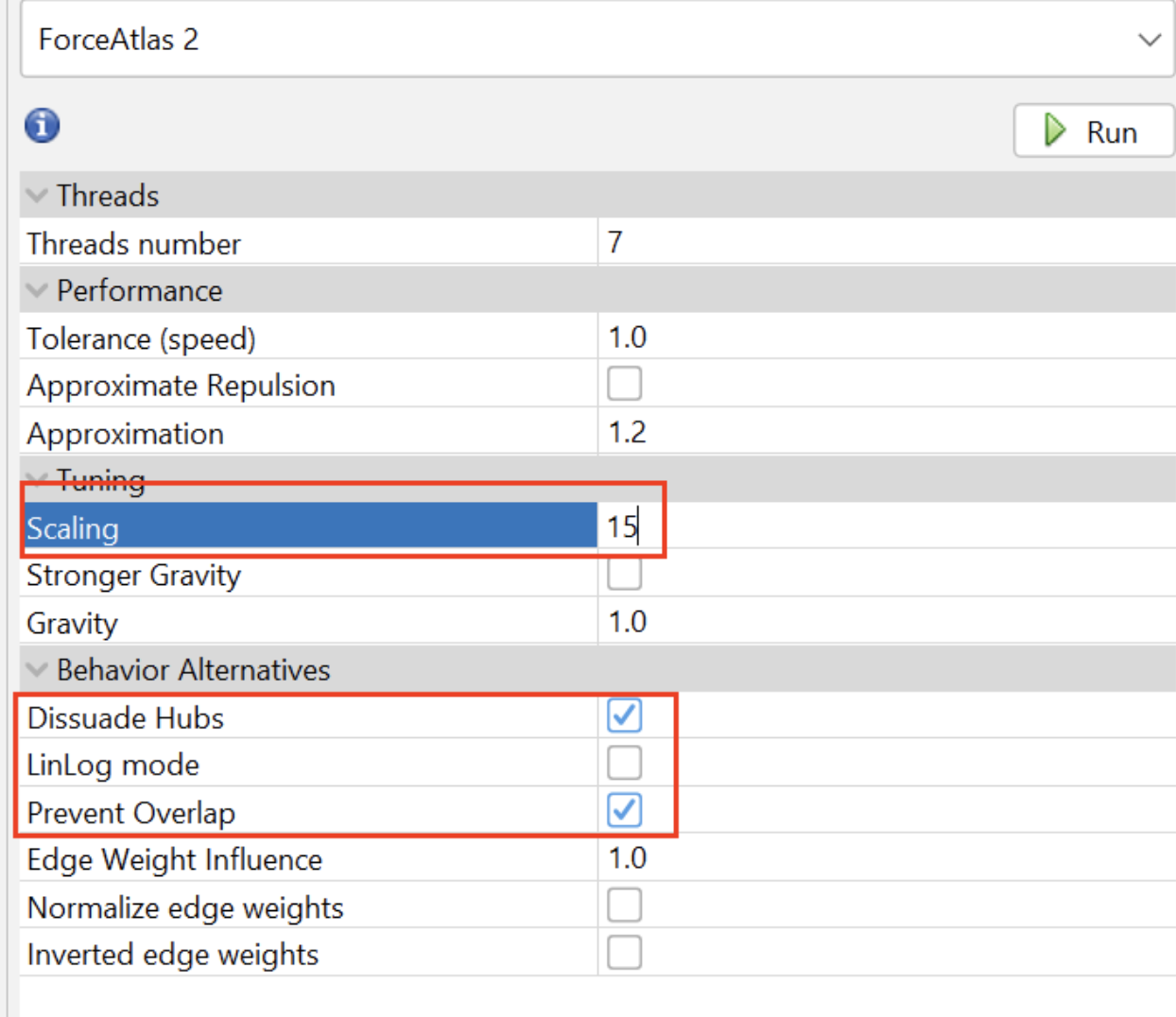 A view of Gephi's ForceAtlas2 layout pane