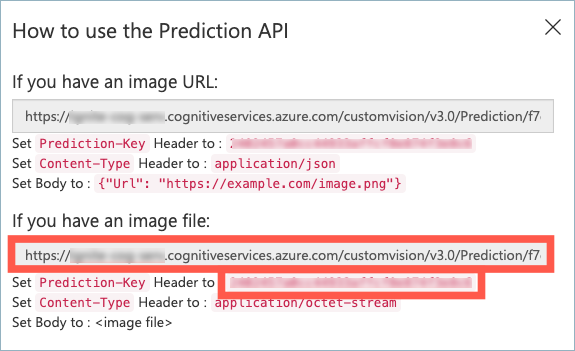 The prediction key and url dialog