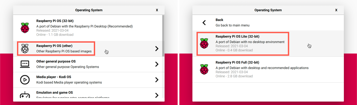 The imageer choosing Raspberry Pi OS lite