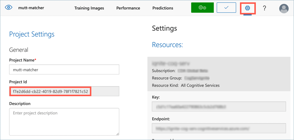 The custom vision project settings page showing the project ID