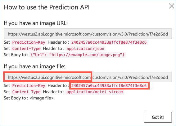 The prediction key and url dialog