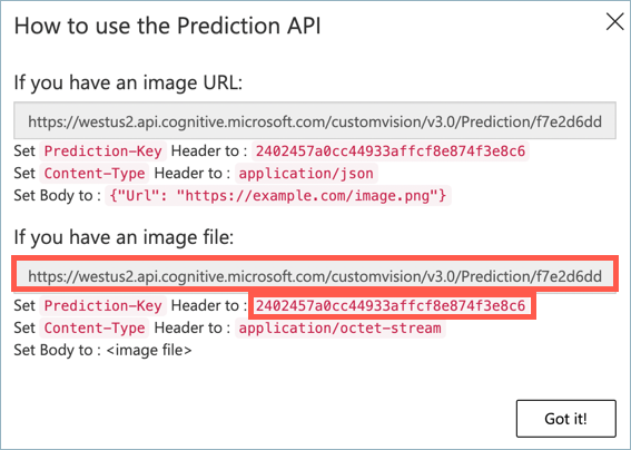 The prediction key and url dialog