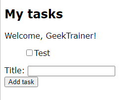 Screenshot of the application after login with a username of GeekTrainer and a task of Test