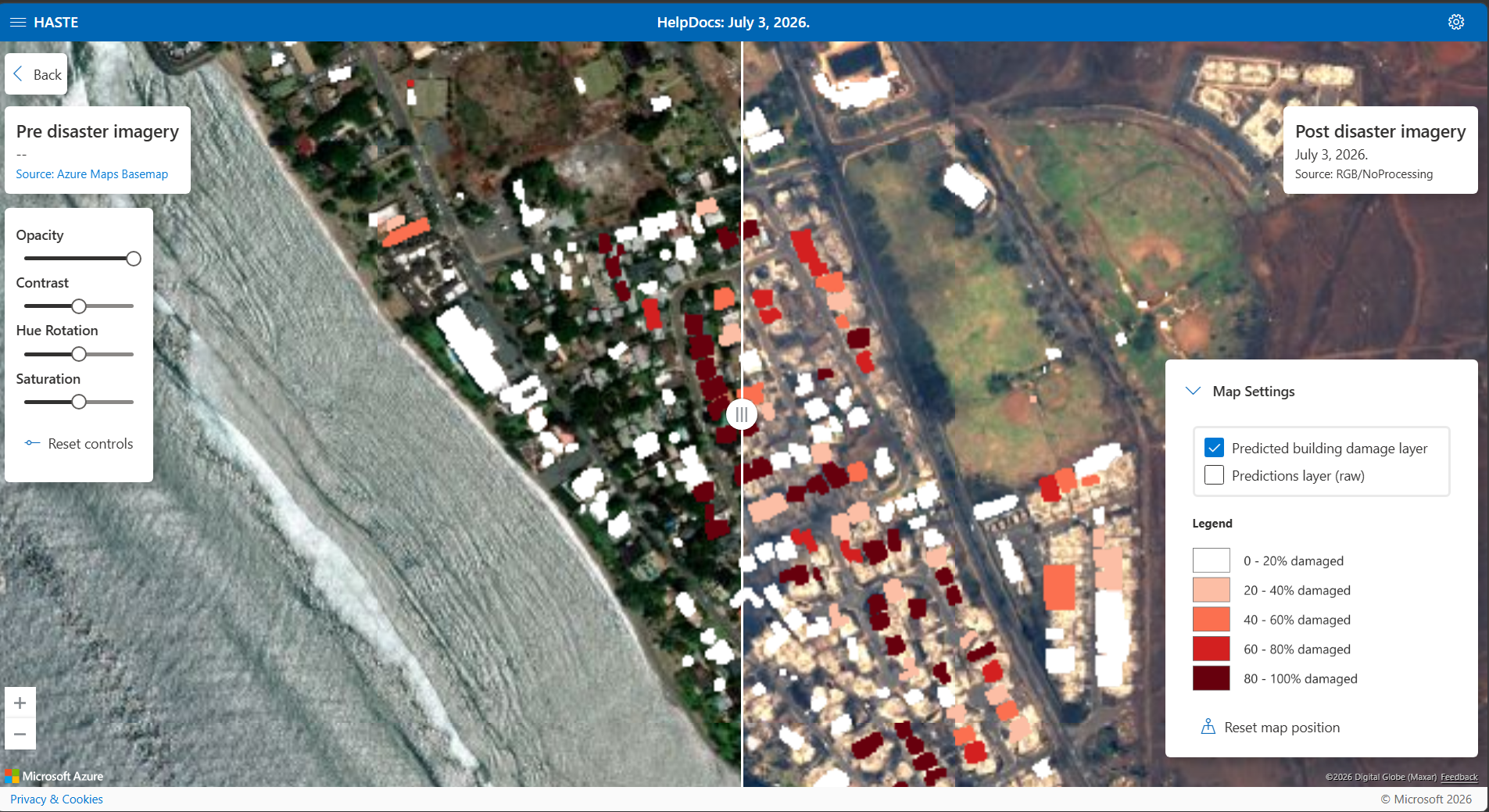 The damage visualizer with the predicted building-damage layer