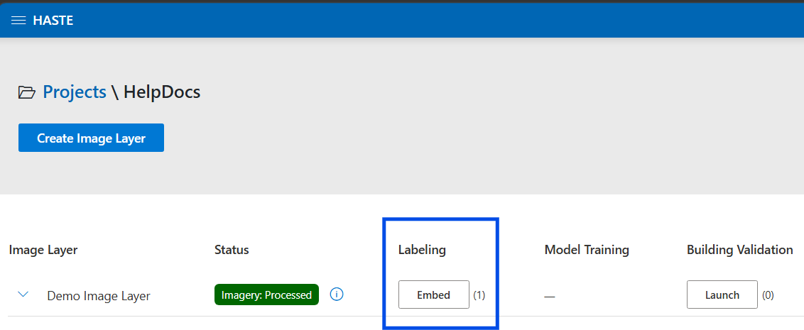 The Embed button on a building-workflow image layer