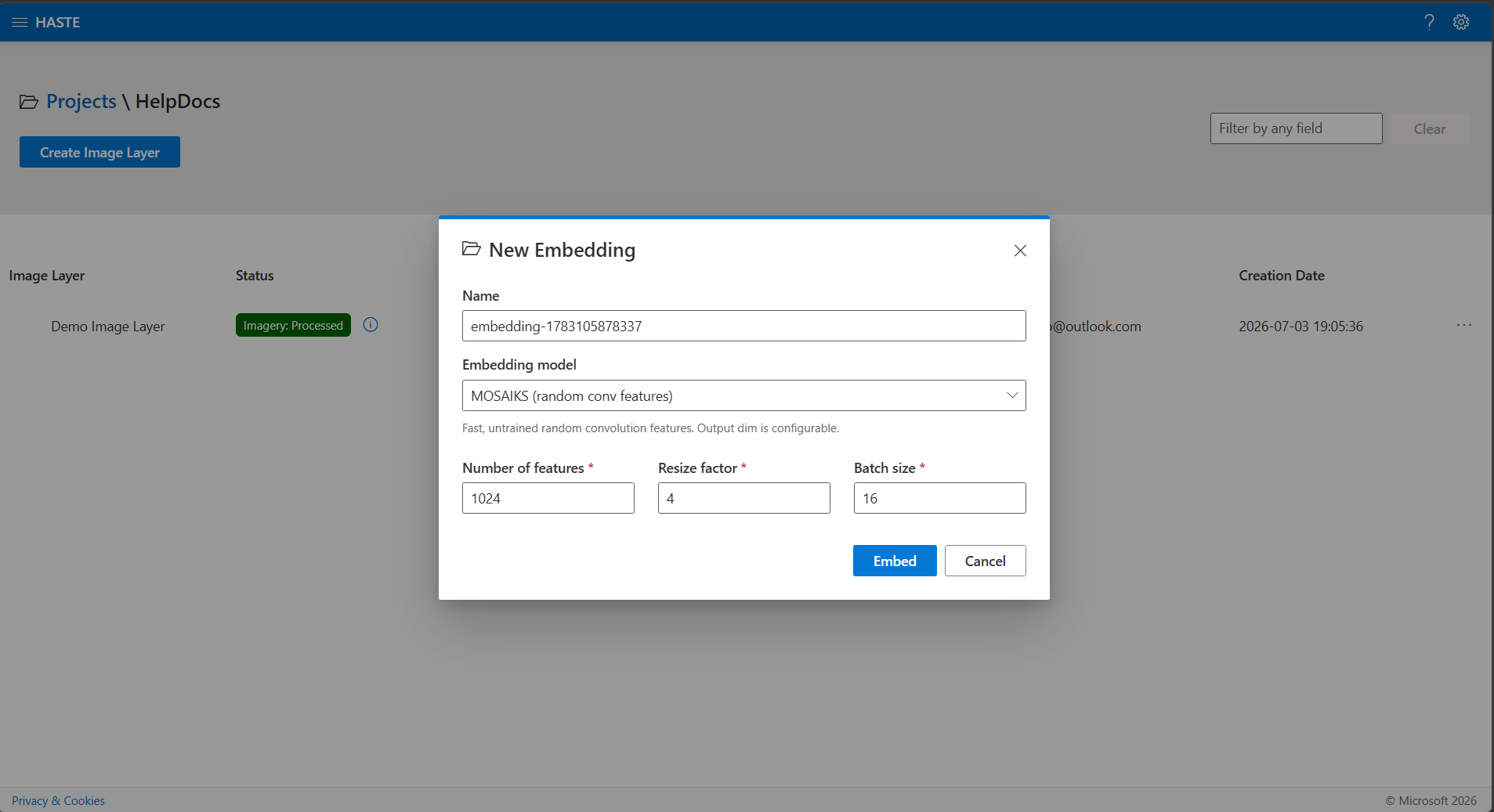 The New Embedding dialog