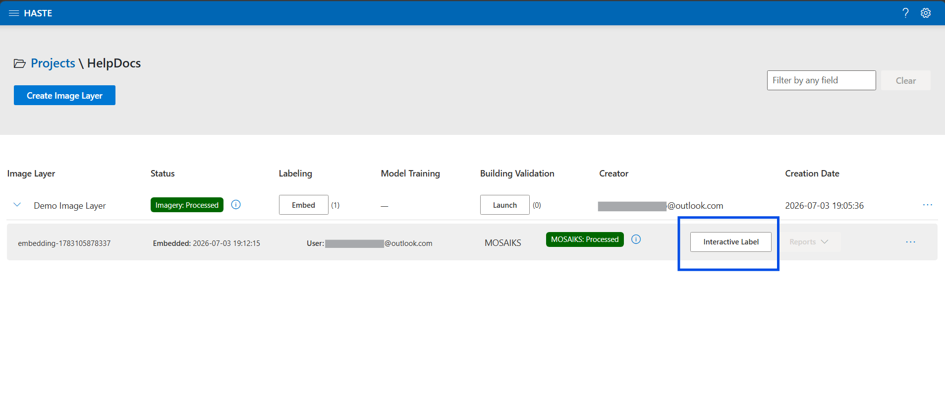 The embedding row with its Interactive Label button