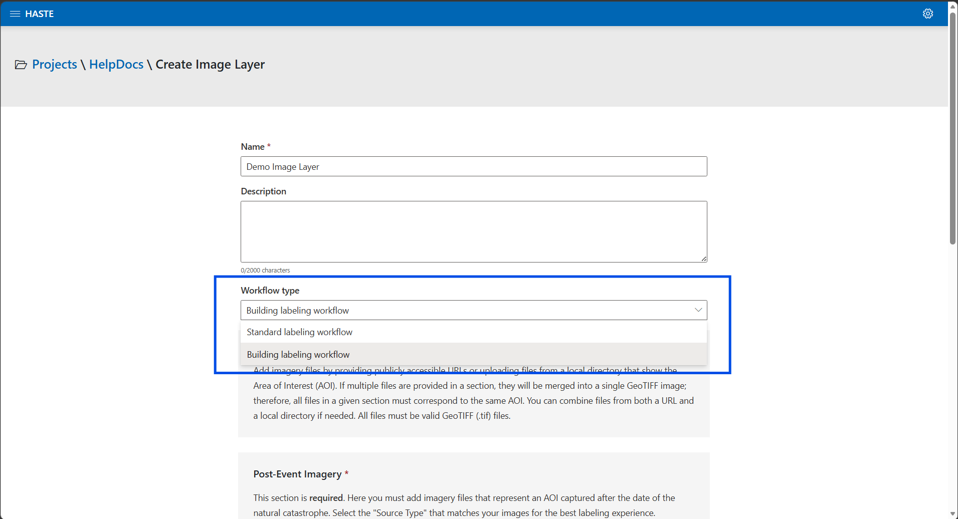 The workflow selector on the Create Image Layer form