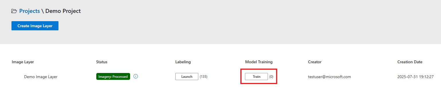 Train button on the Projects page