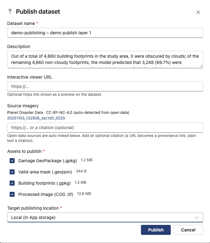 The Publish dataset dialog with details, assets, and target