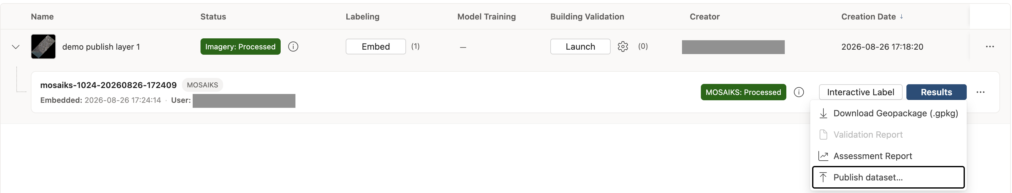 The Publish dataset… item in a model's Results menu
