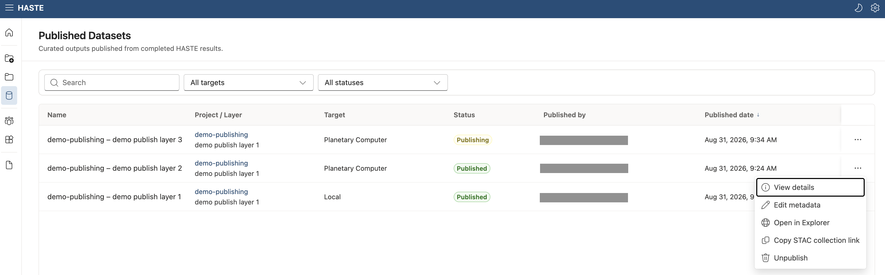 The Published Datasets list with a row's action menu open