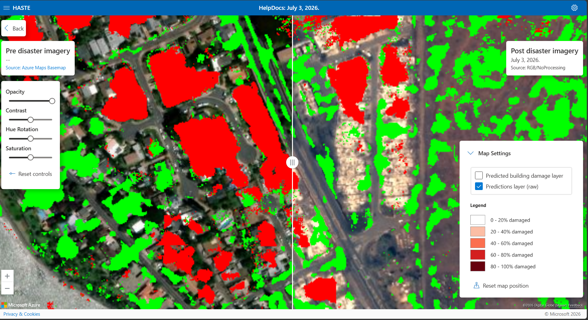 The raw per-pixel predictions layer toggled on