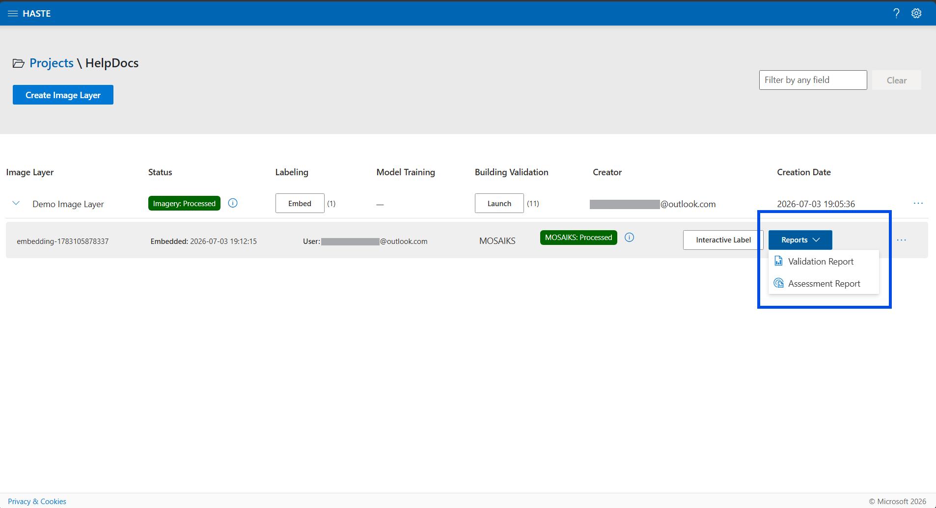 The Reports menu on the embedding row