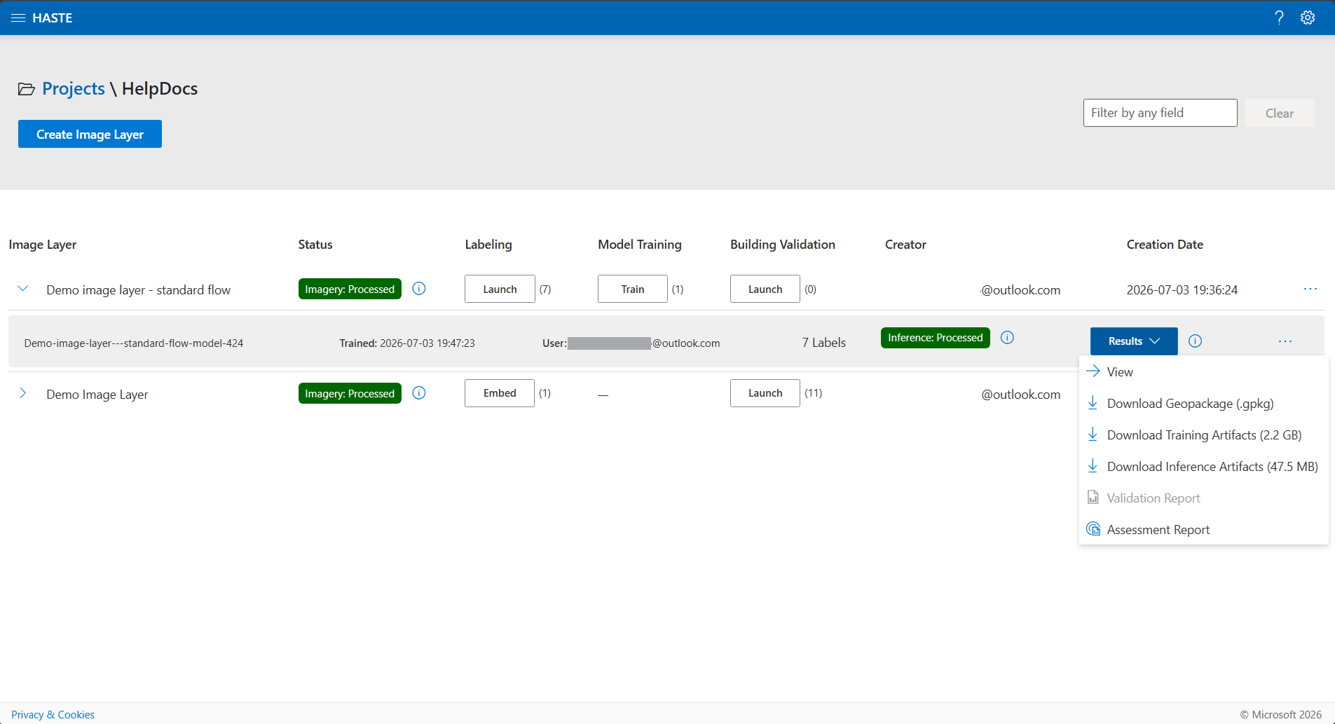 The Results menu on a trained model