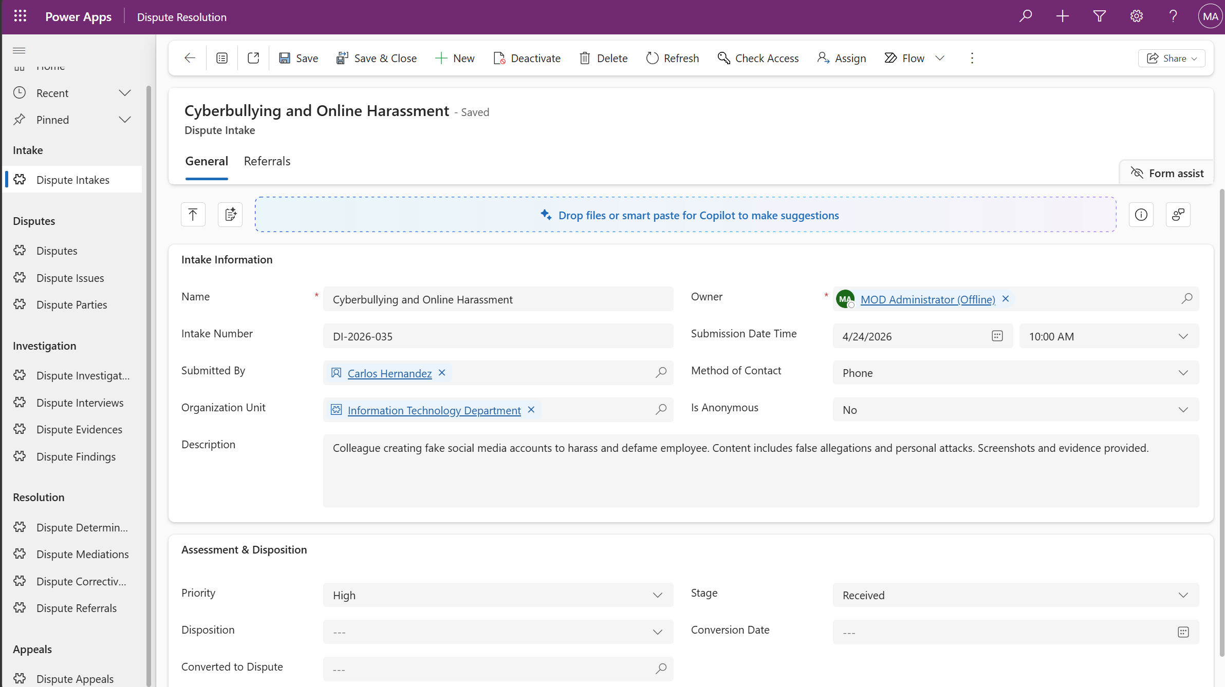 Dispute Resolution module screenshot