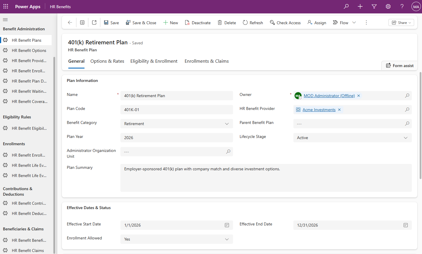 HR Benefits module screenshot